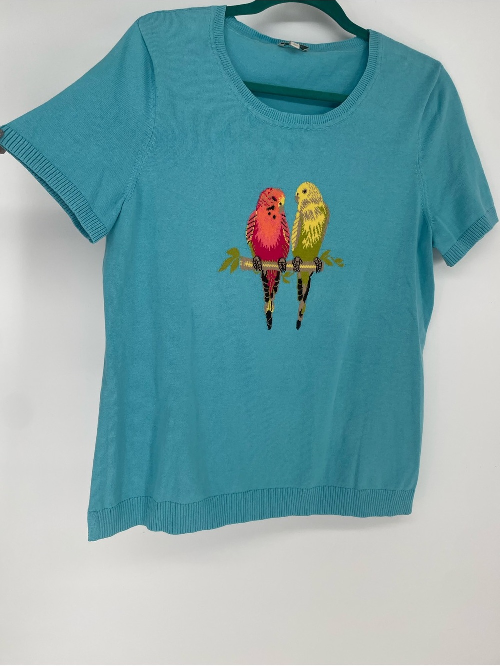 Talbots Novelty Parakeet Bird Short Sleeve Knit Blue Crew Neck Sweater - Picture 3 of 7